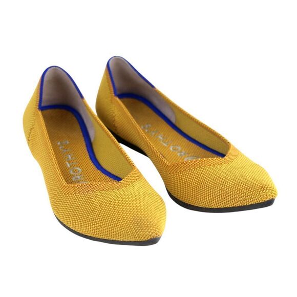 Rothy's MUSTARD TEXTILE BLUE TRIM POINTED TOE FLAT BALLET SLIP ON SHOES Sz 6W - Picture 1 of 10